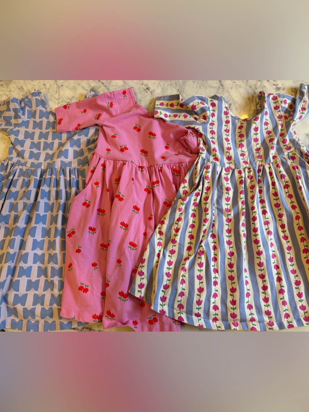 Hanna Andersson Pink Cherry Print Dress with Blue & Striped Matching Styles